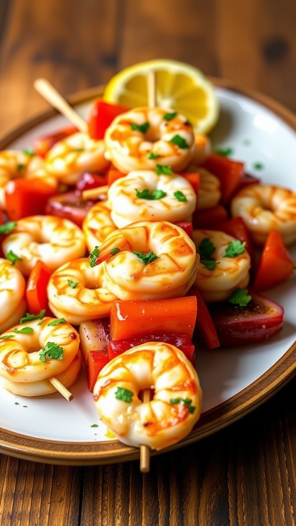 Oven-baked shrimp kabobs with bell peppers and onions on a platter, garnished with herbs and lemon.